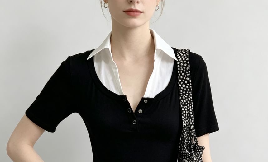 Mock Two Piece Collared Color-Block Short Sleeve Top