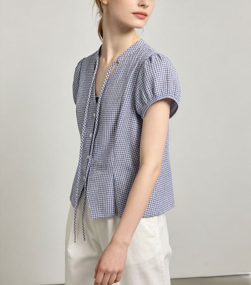 Gingham Puff Sleeve V-Neck Tie-Front Blouse