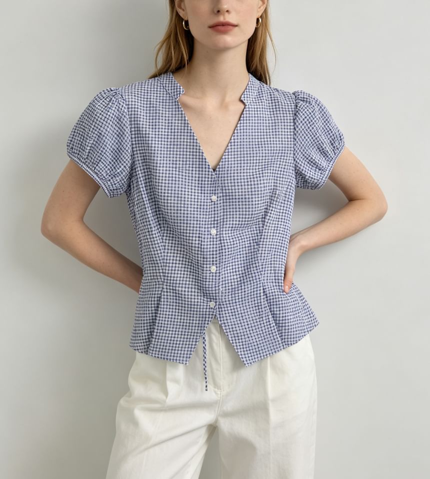 Puff-Sleeve V-Neck Gingham Tie-Front Blouse