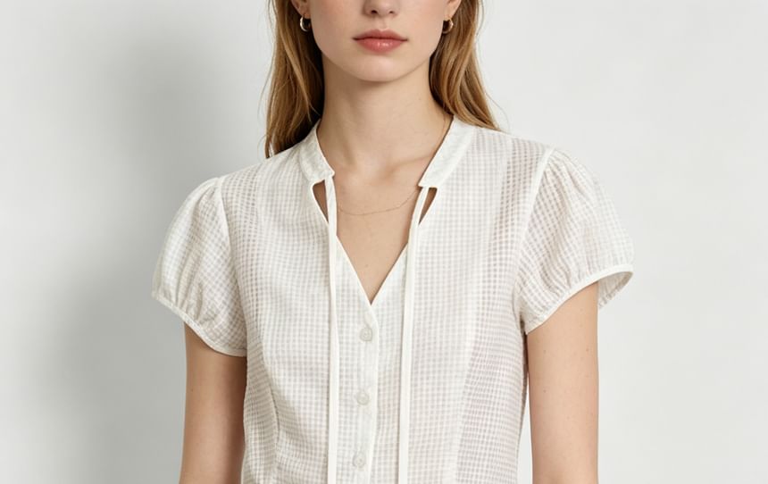Puff-Sleeve V-Neck Gingham Tie-Front Blouse