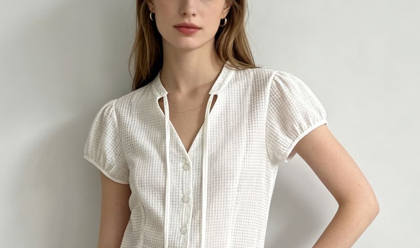 Puff-Sleeve V-Neck Gingham Tie-Front Blouse