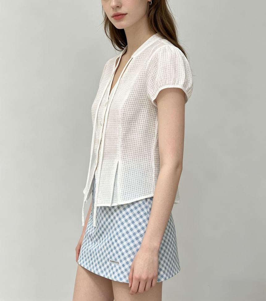 Puff-Sleeve V-Neck Gingham Tie-Front Blouse