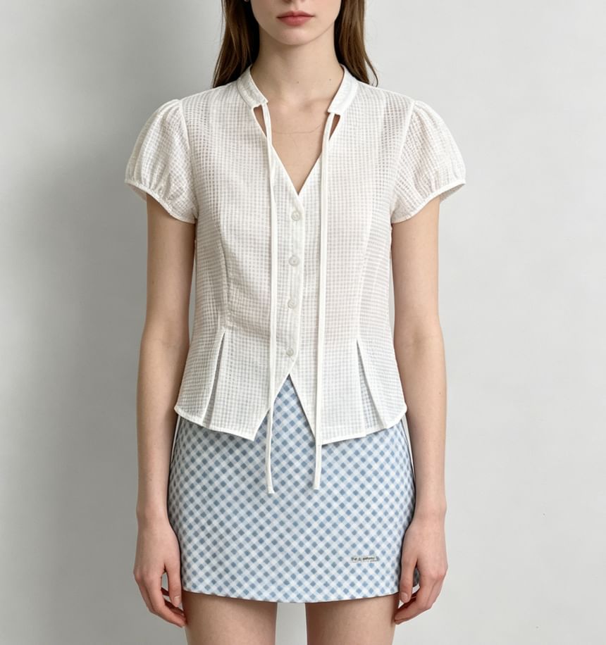 Gingham Puff Sleeve V-Neck Tie-Front Blouse