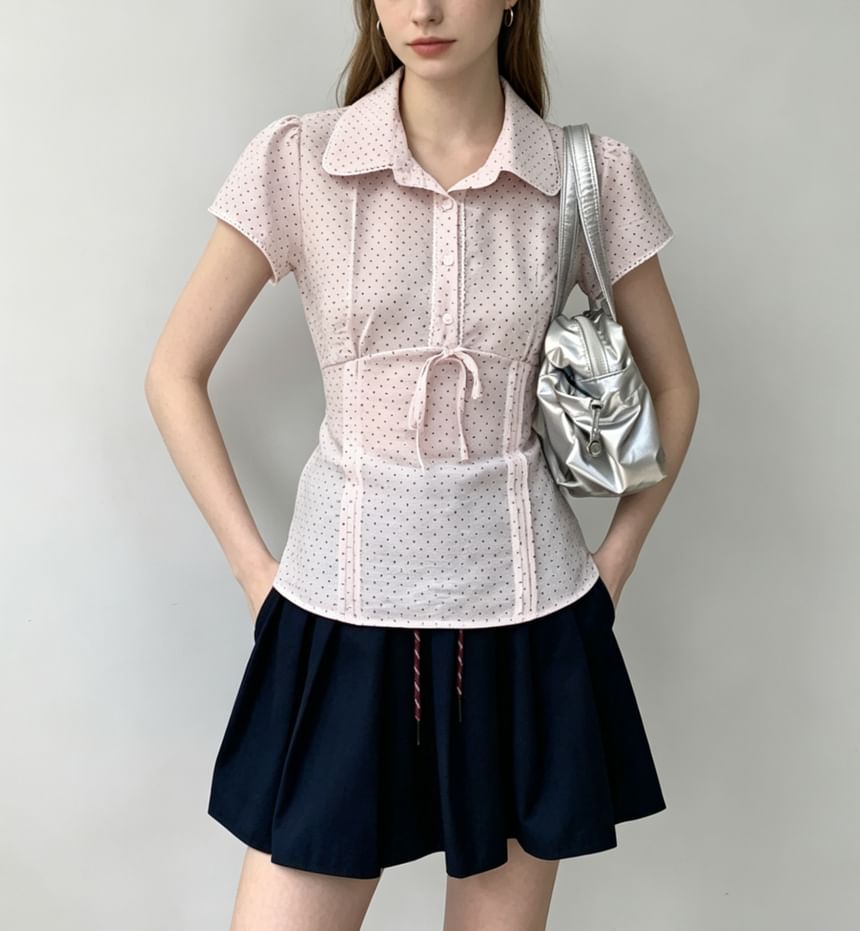 Collared Lace-Trim Polka Dot Tie-Front Blouse