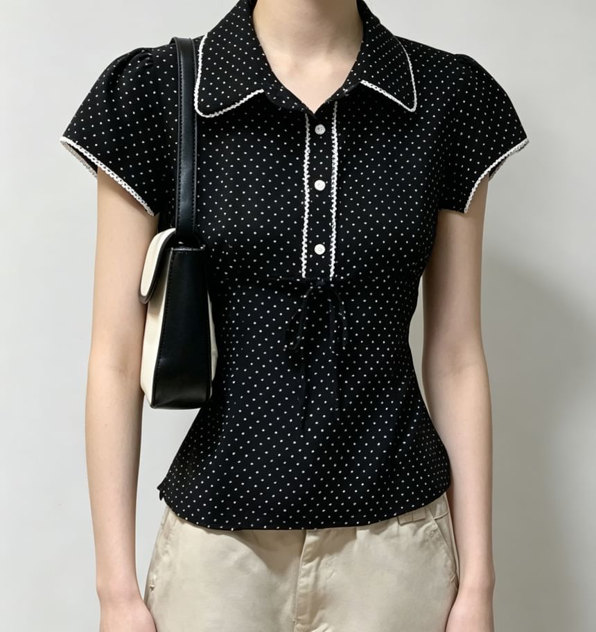 Polka Dot Lace-Trim Collared Tie-Front Short Sleeve Blouse