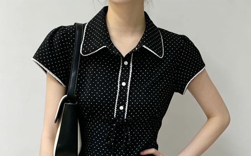 Polka Dot Lace-Trim Collared Tie-Front Short Sleeve Blouse