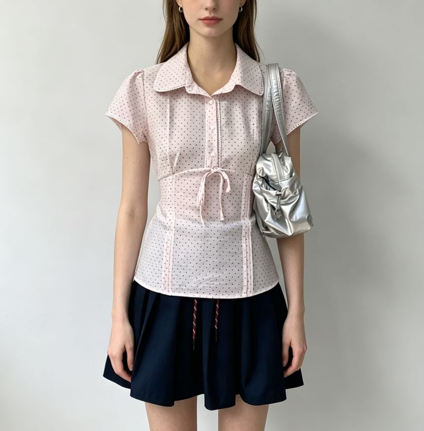 Polka Dot Lace-Trim Collared Tie-Front Short Sleeve Blouse