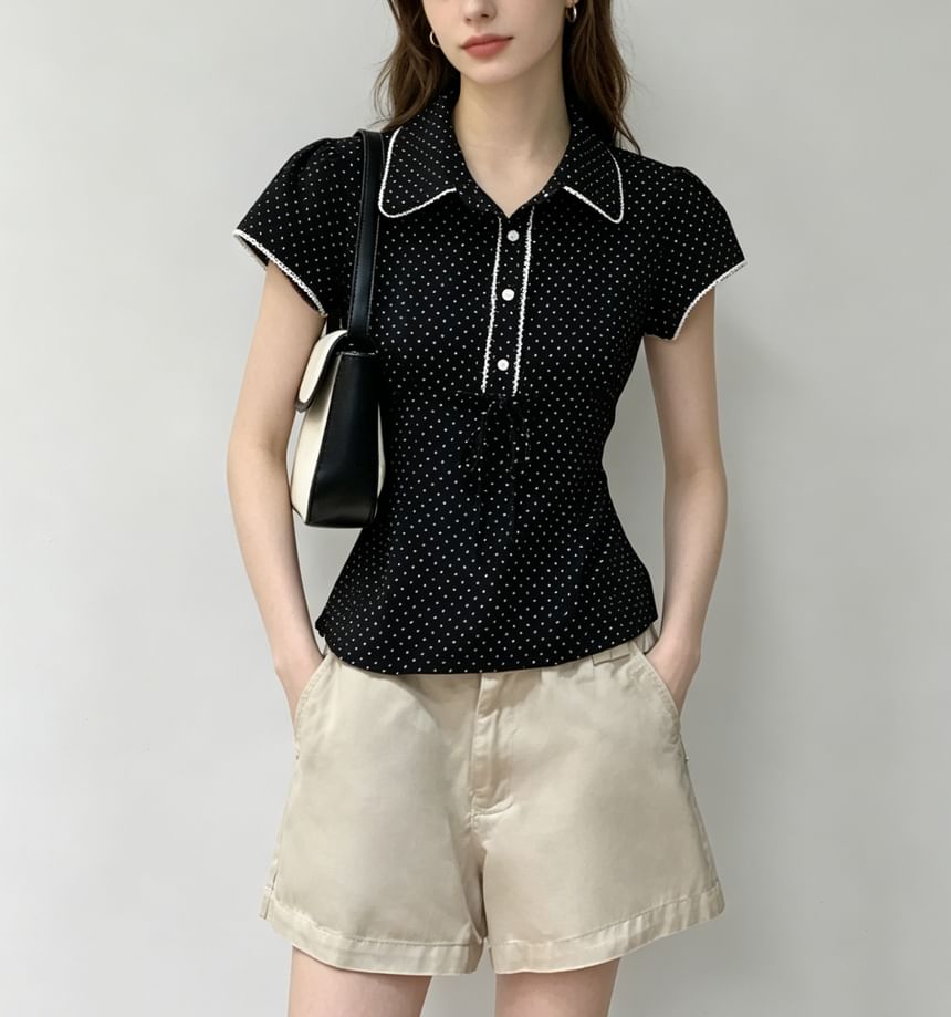 Polka Dot Lace-Trim Collared Tie-Front Short Sleeve Blouse