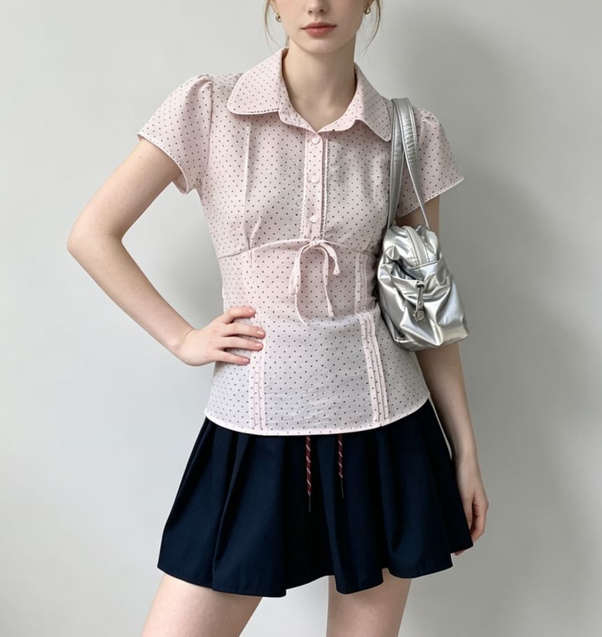 Collared Lace-Trim Polka Dot Tie-Front Blouse