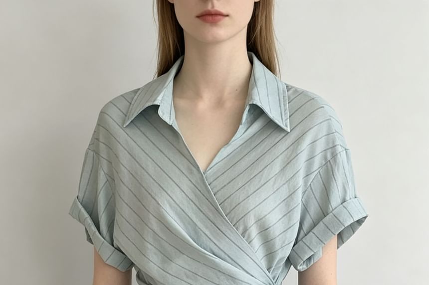 Striped Tie-Waist Asymmetric Hem Shirt