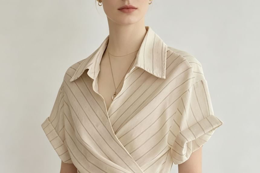 Striped Short Sleeve Asymmetric Hem Tie-Waist Shirt