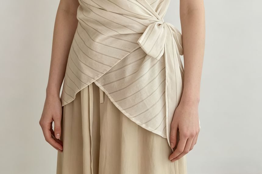 Striped Short Sleeve Asymmetric Hem Tie-Waist Shirt