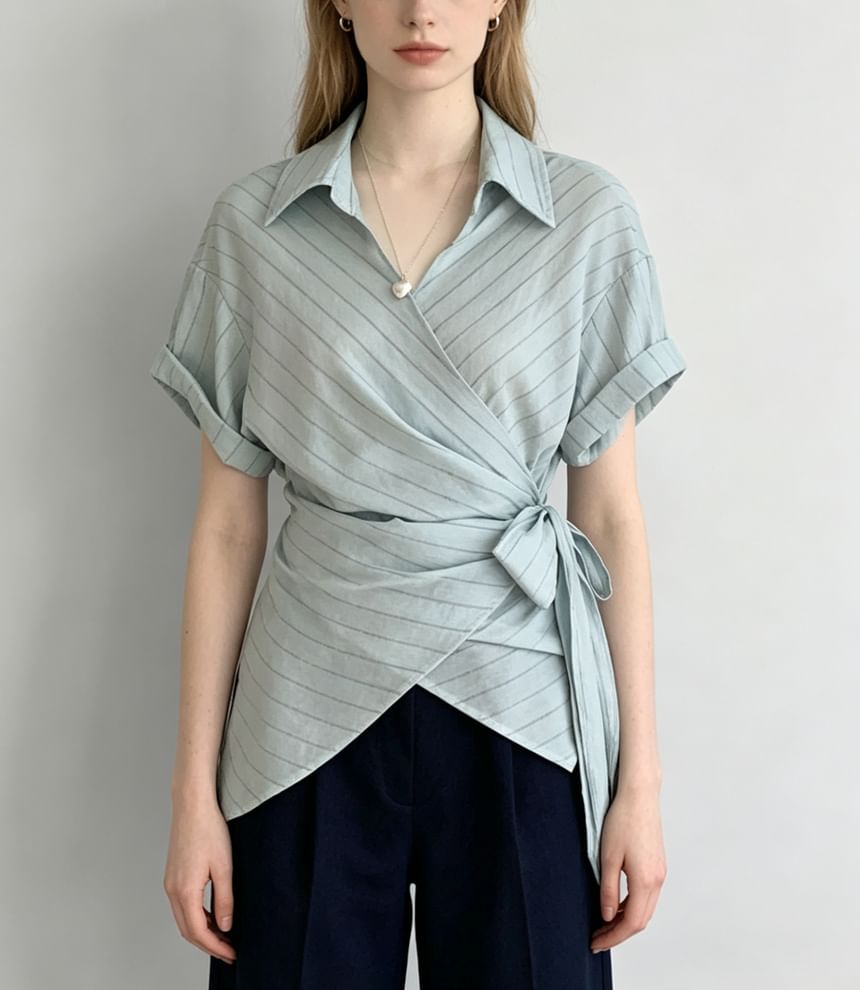 Striped Tie-Waist Asymmetric Hem Shirt
