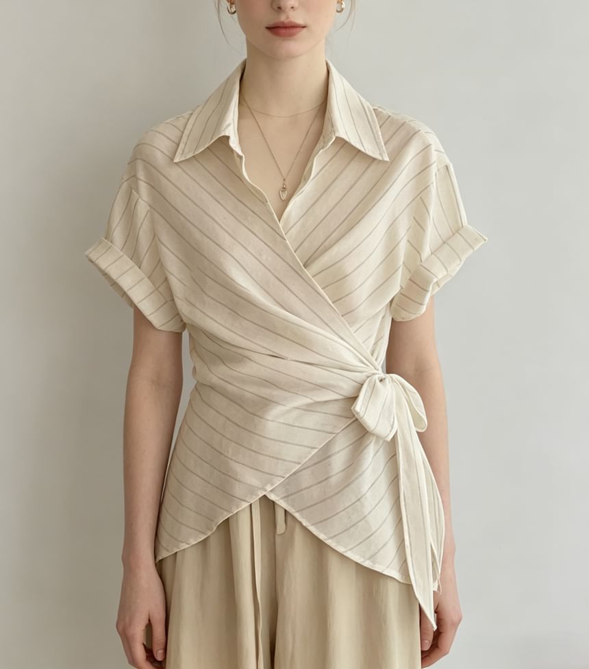 Striped Short Sleeve Asymmetric Hem Tie-Waist Shirt