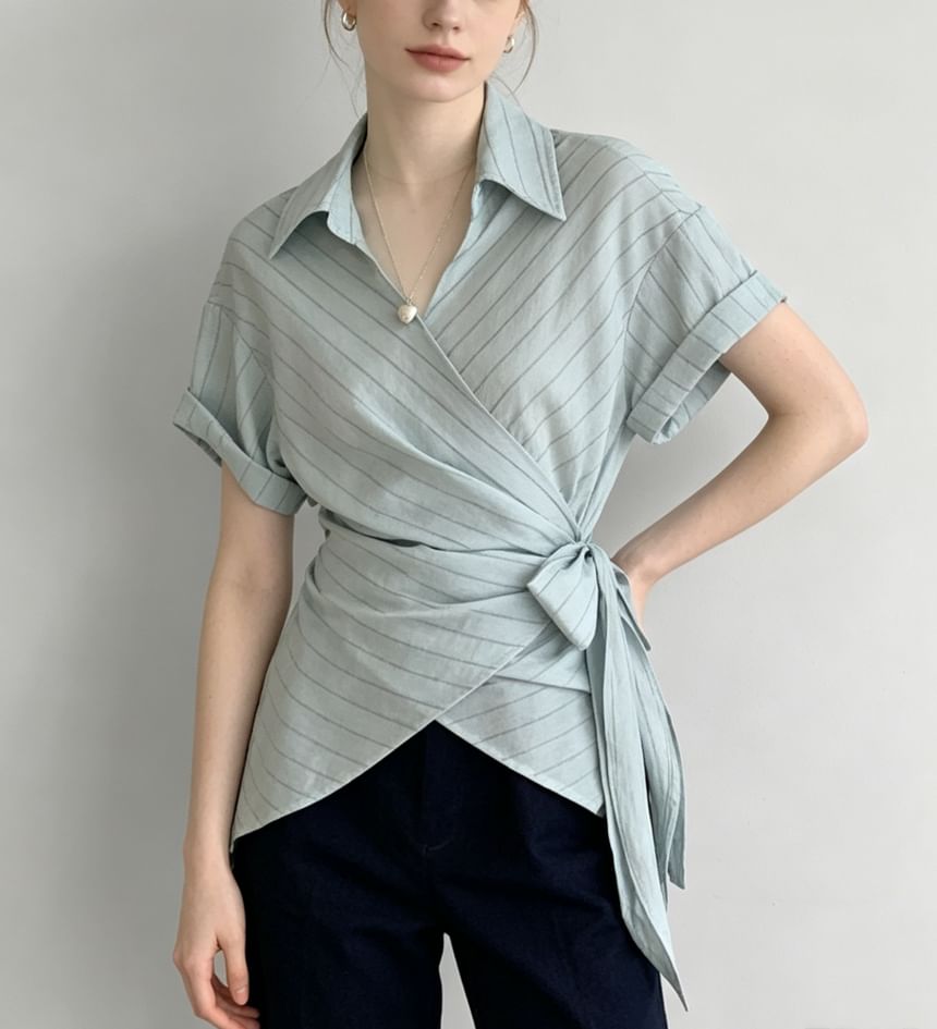 Striped Tie-Waist Asymmetric Hem Shirt