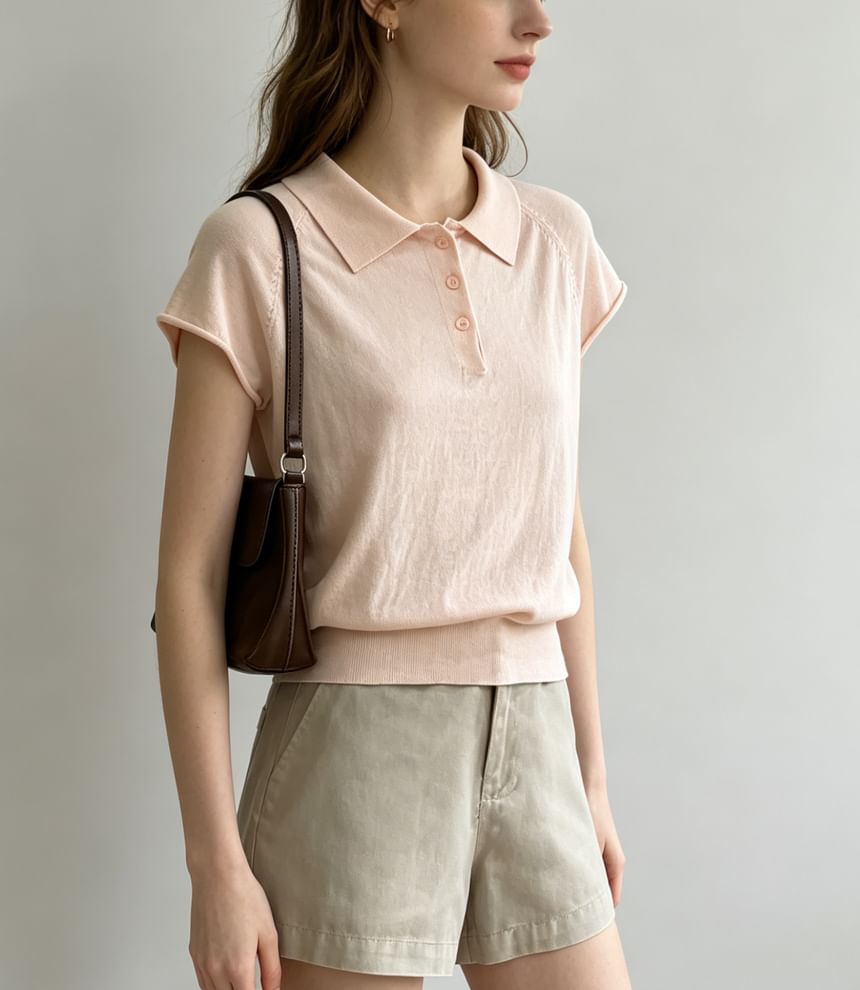 Short-Sleeve Knitted Polo Top