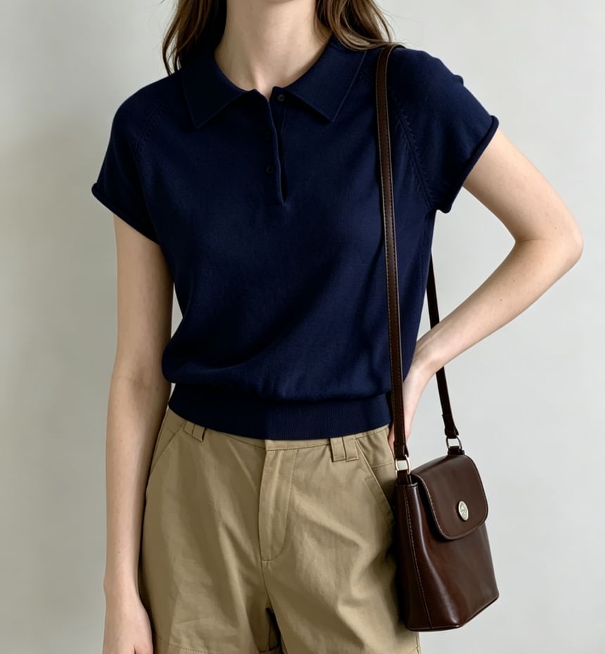 Short-Sleeve Knitted Polo Top