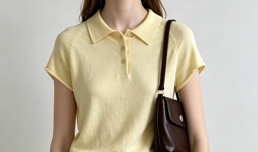 Knitted Plain Short Sleeve Polo Top