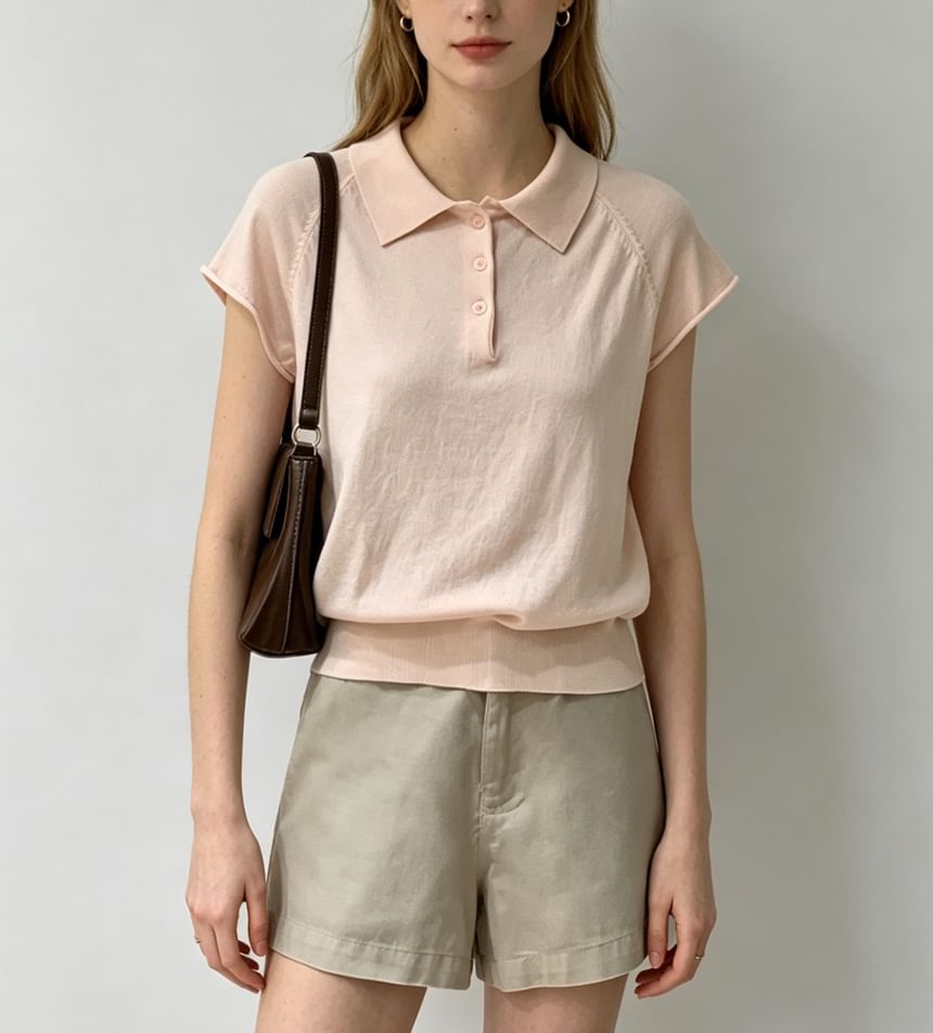 Short-Sleeve Knitted Polo Top