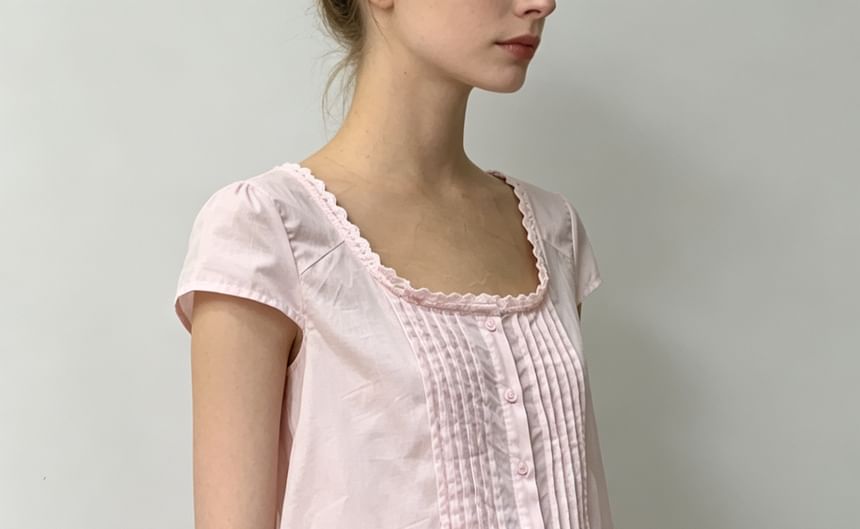 Lace-Trim Cap Sleeve Square-Neck Pleated Blouse