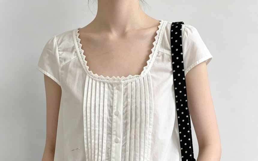 Lace-Trim Cap Sleeve Square-Neck Pleated Blouse