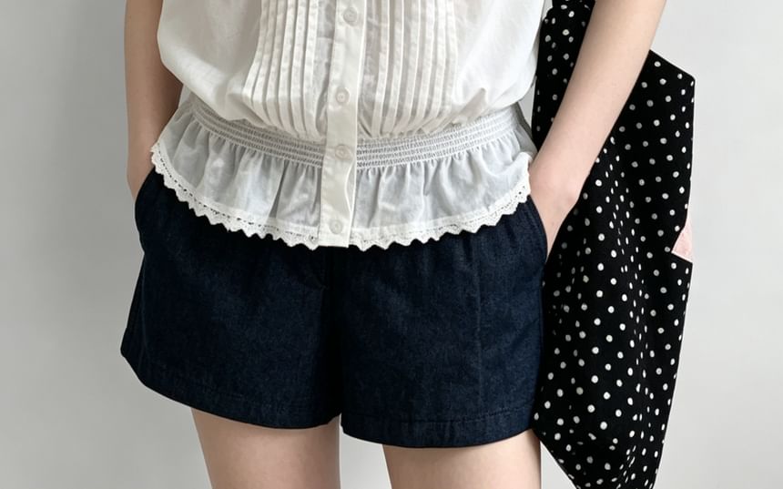 Cap Sleeve Lace-Trim Pleated Square-Neck Blouse