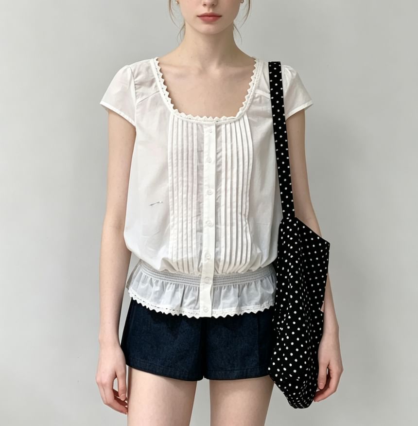 Lace-Trim Cap Sleeve Square-Neck Pleated Blouse