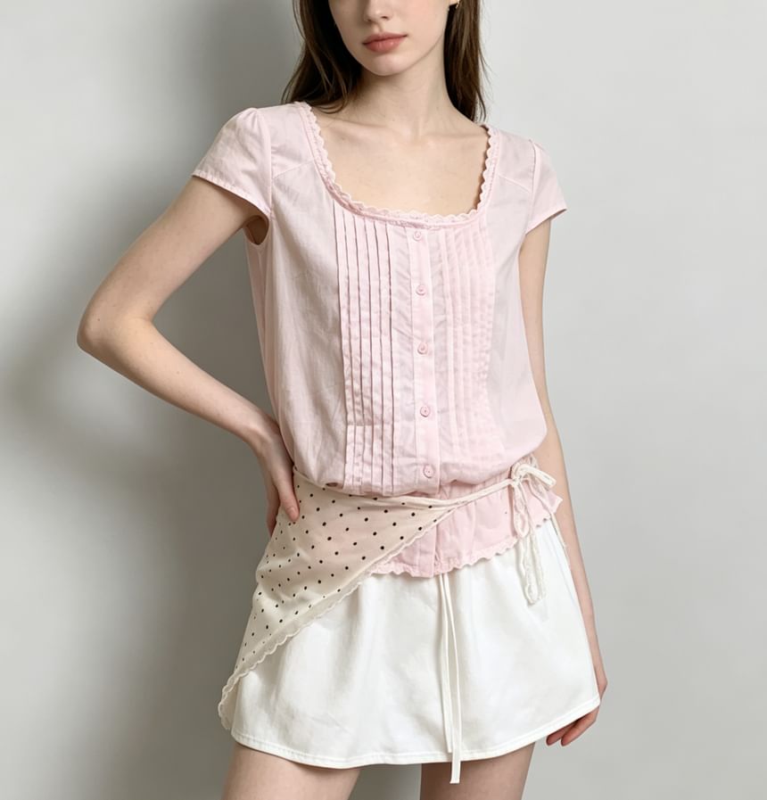 Cap Sleeve Lace-Trim Pleated Square-Neck Blouse