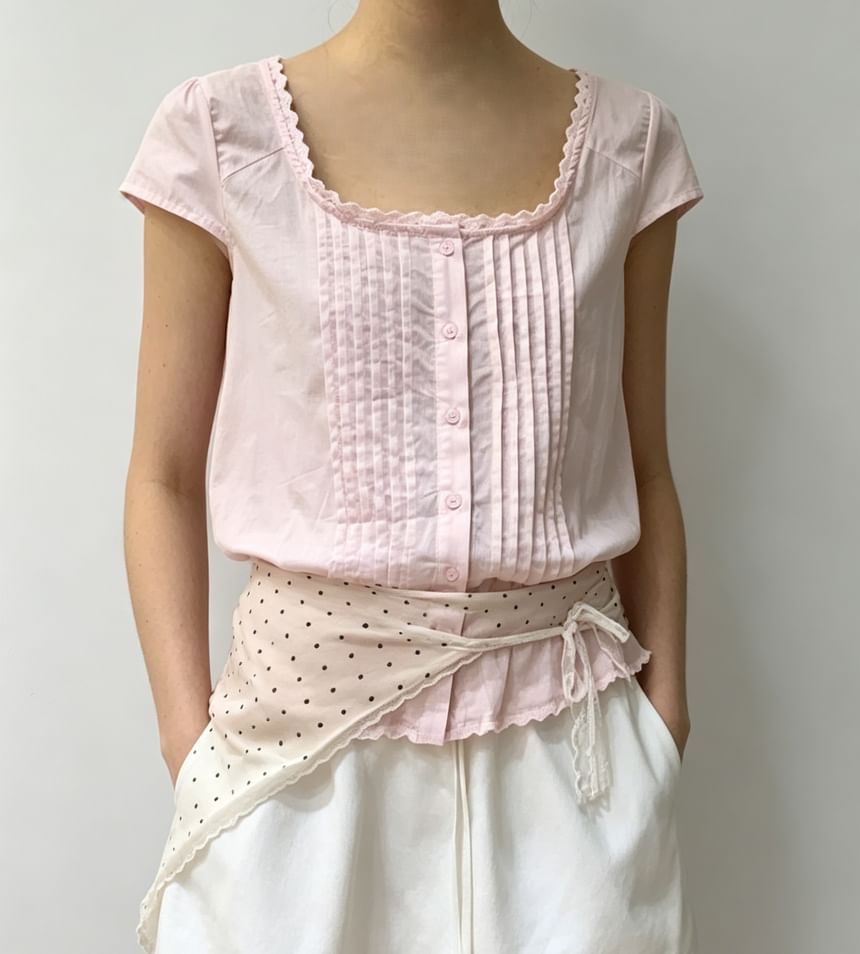 Lace-Trim Cap Sleeve Square-Neck Pleated Blouse