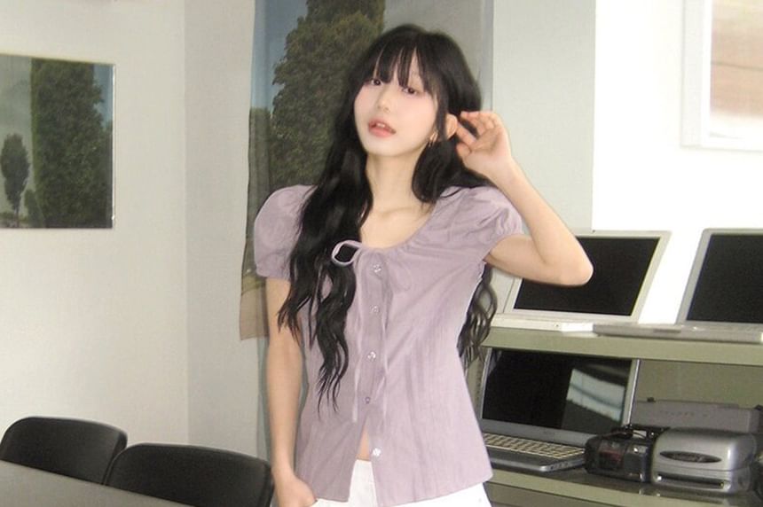Puff Sleeve U-Neck Button Front Blouse