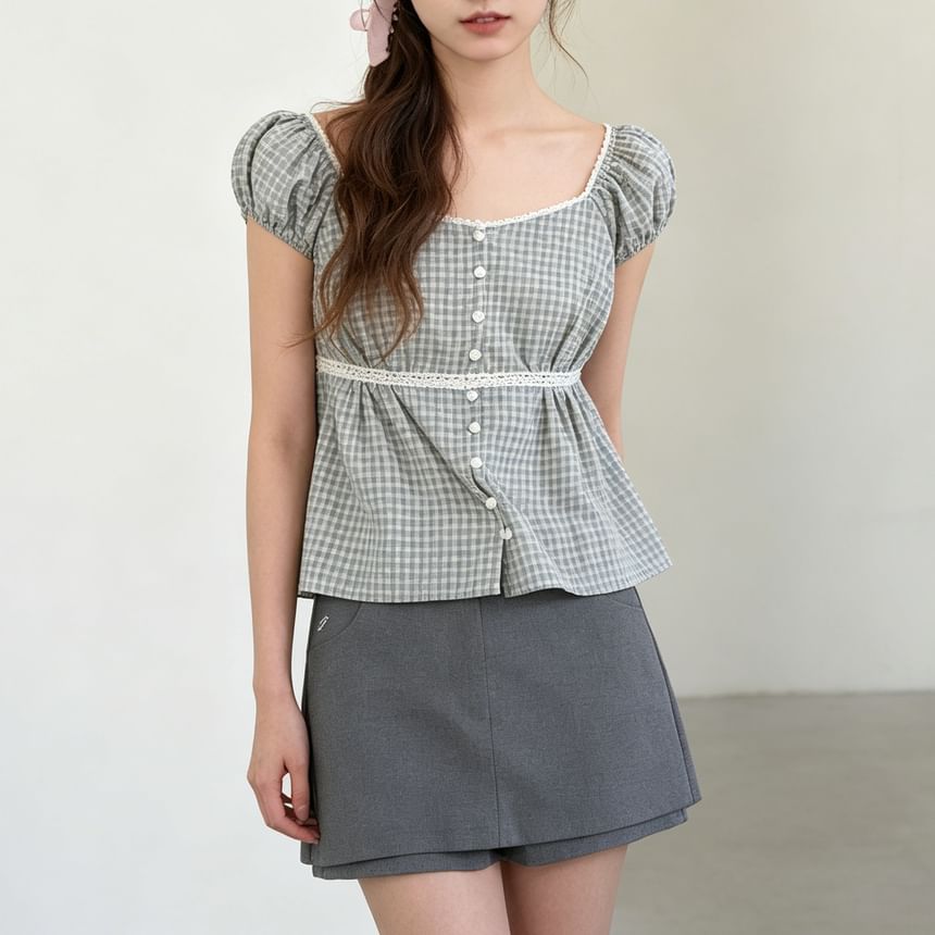 Square Neck Lace Trim Crop Blouse with Puff Sleeves