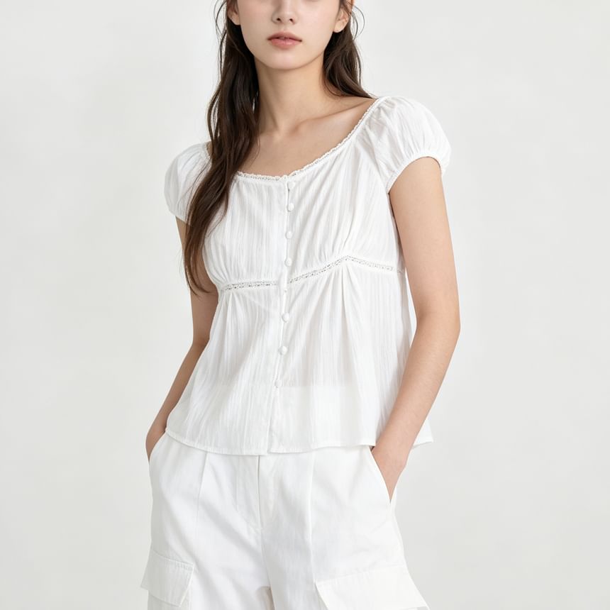 Square Neck Lace Trim Crop Blouse with Puff Sleeves