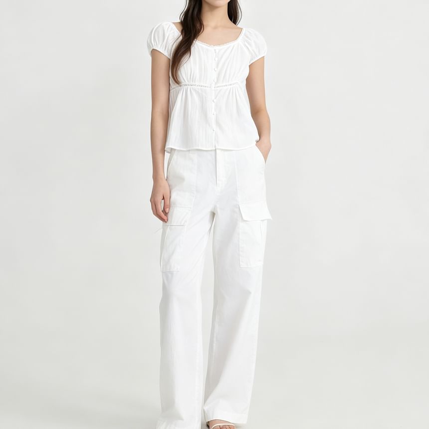 Square Neck Lace Trim Crop Blouse with Puff Sleeves