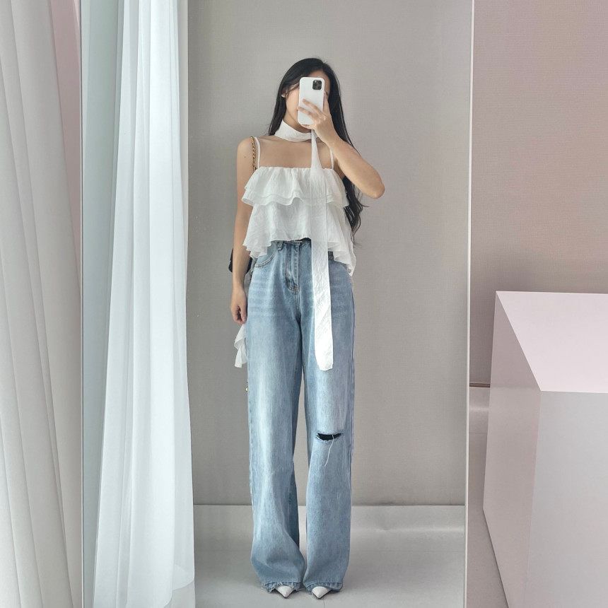 Tiered Ruffle Crop Camisole Set with Scarf