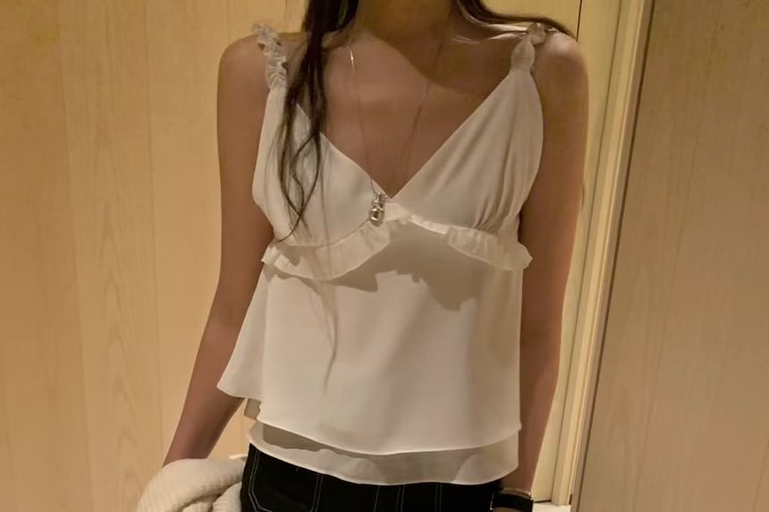 V-Neck Sleeveless Ruffle Trim Plain Top