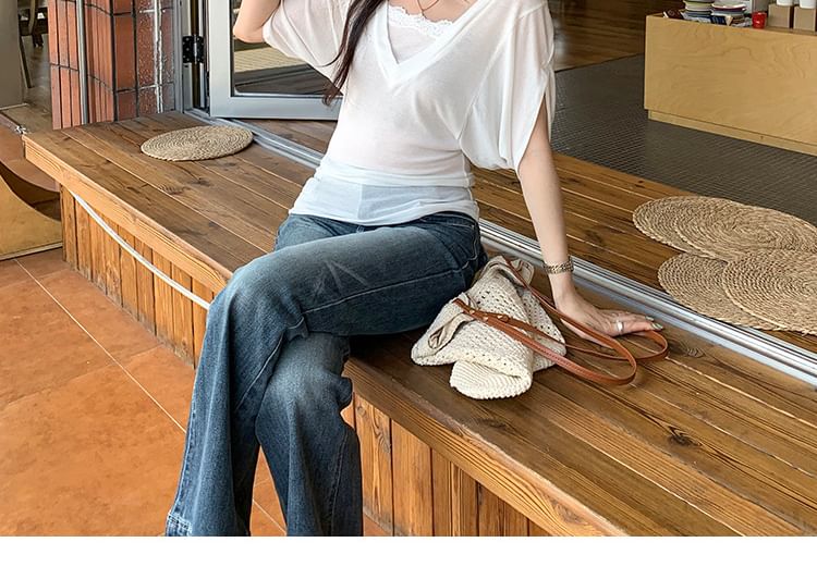 Lace Trim Square Neck Short Sleeve Tee