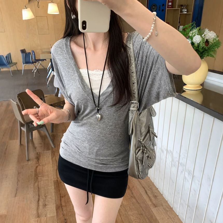 Lace Trim Square Neck Short Sleeve Tee