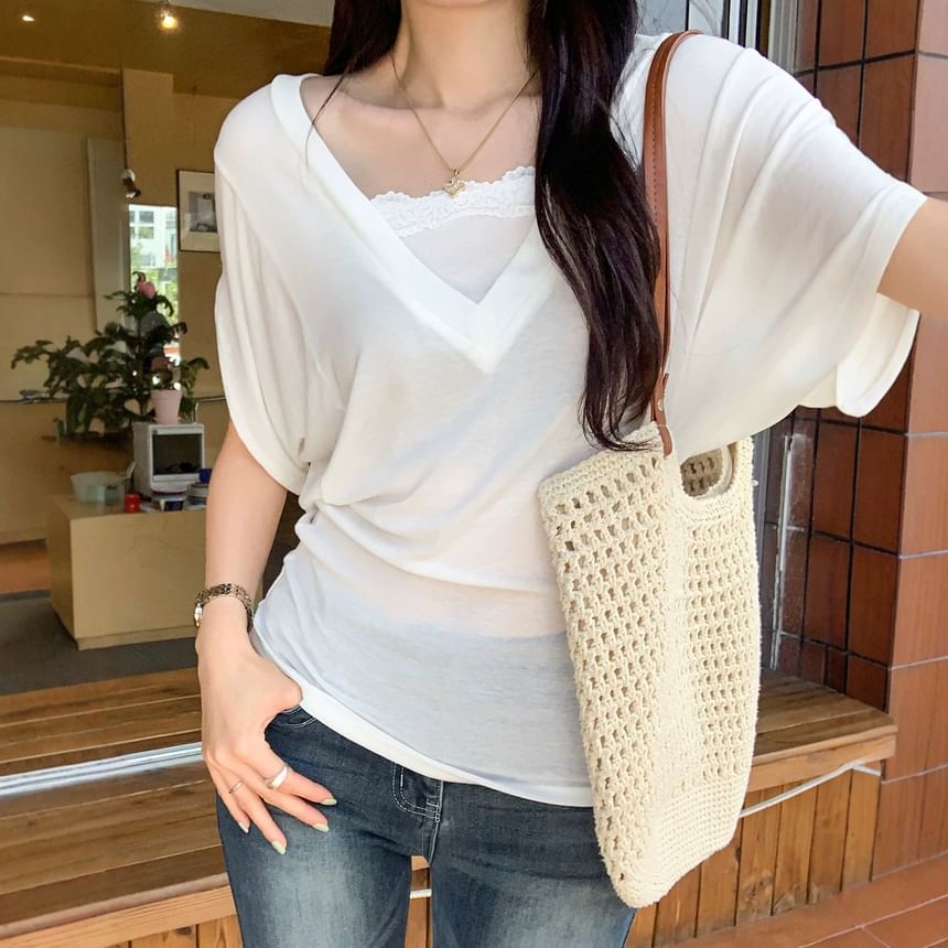 Lace Trim Square Neck Short Sleeve Tee