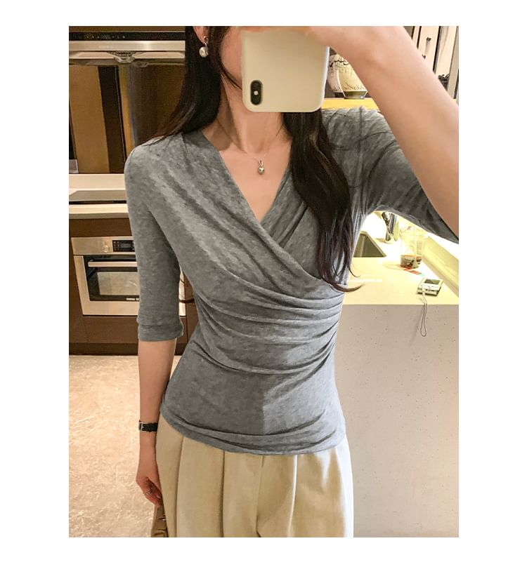 Wrap V-Neck Tee with Three-Quarter Sleeves