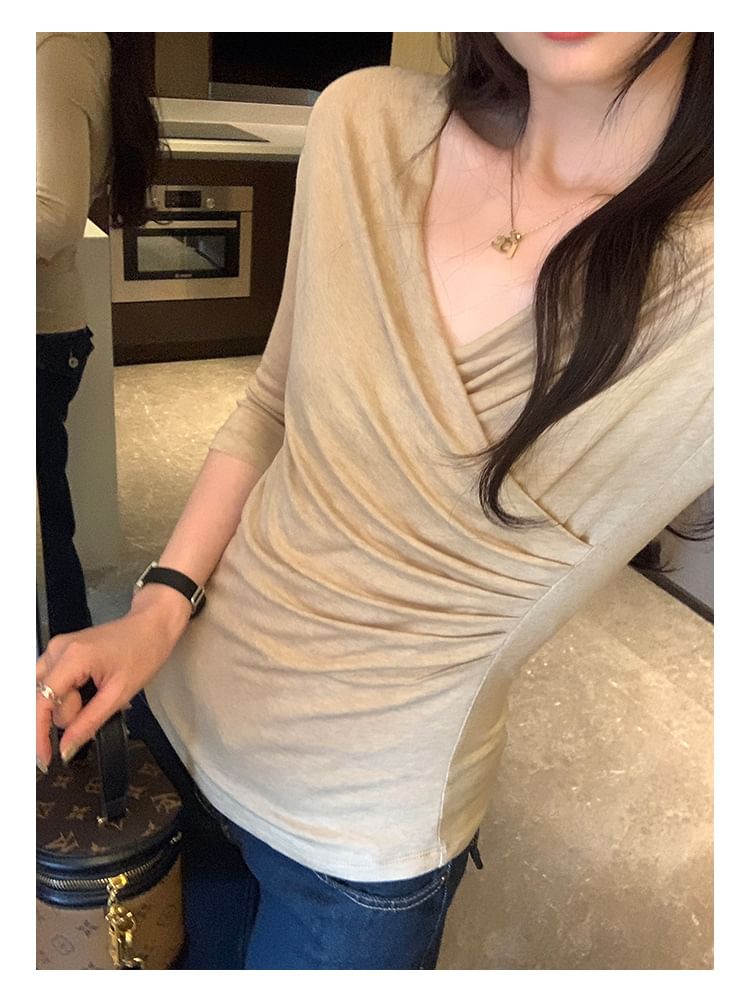 Wrap V-Neck Tee with Three-Quarter Sleeves