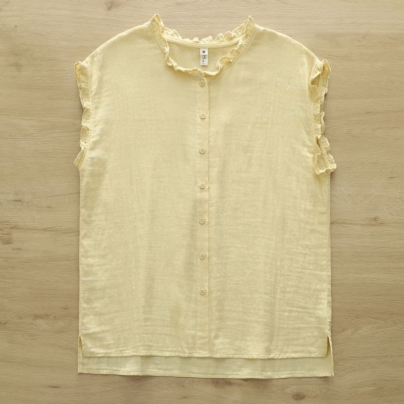 Ruffled Button Front Sleeveless Blouse