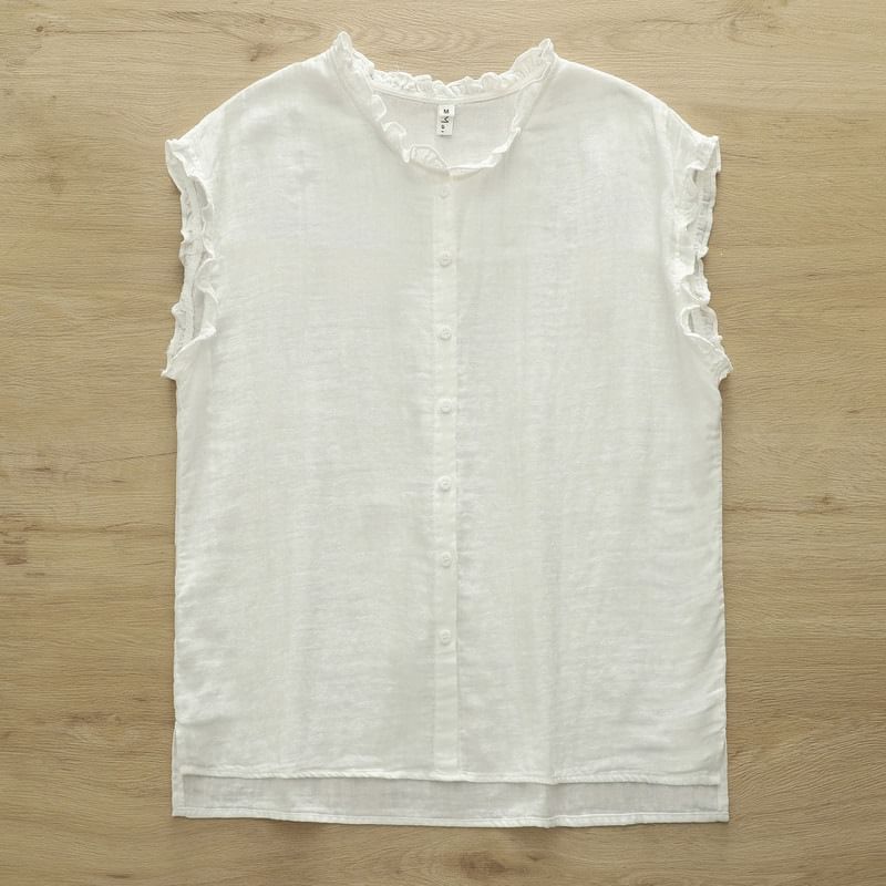 Ruffled Button Front Sleeveless Blouse