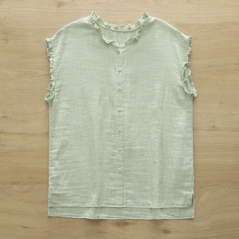 Ruffled Button Front Sleeveless Blouse