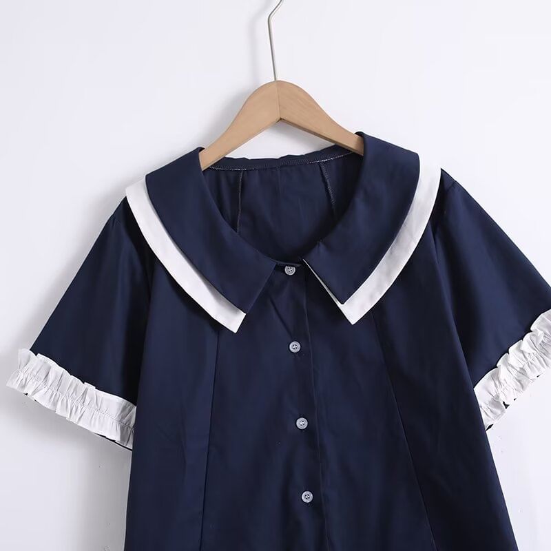 Ruffled Contrast Trim Short-Sleeve Button-Up Blouse