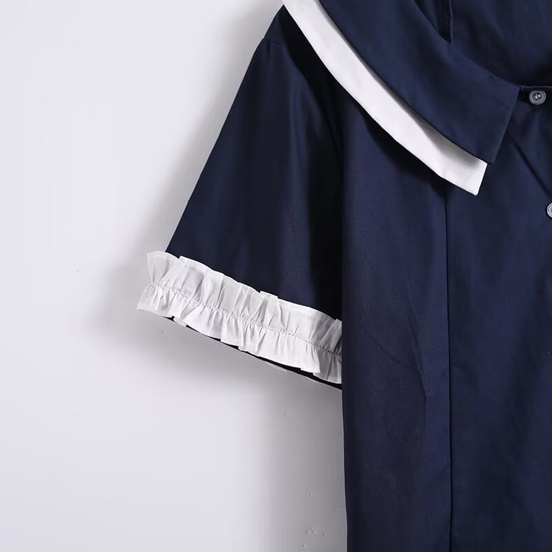 Ruffled Contrast Trim Short-Sleeve Button-Up Blouse