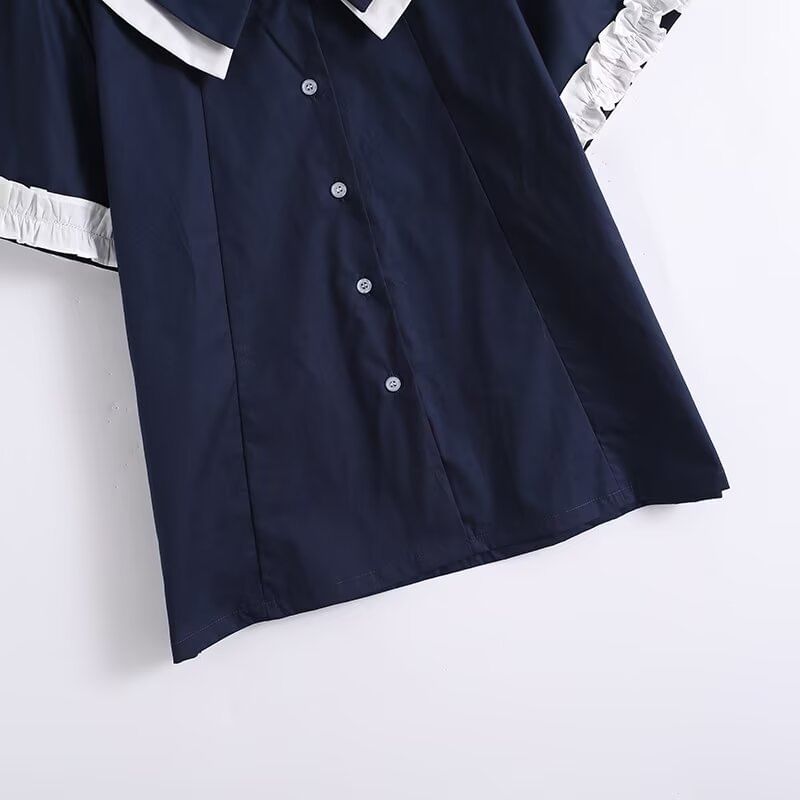 Ruffled Contrast Trim Short-Sleeve Button-Up Blouse