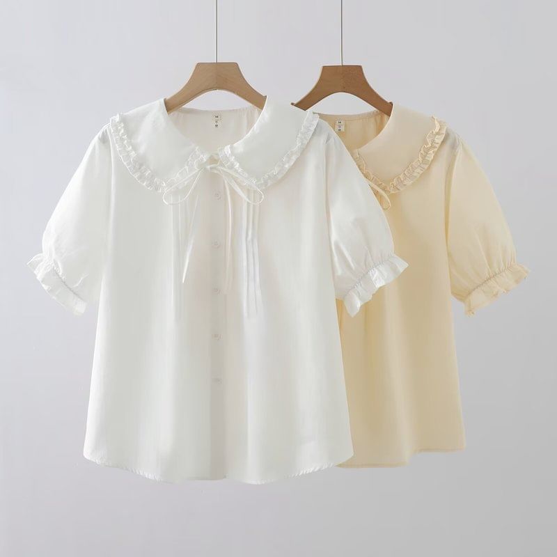 Puff Sleeve Ruffled Trim Button Blouse
