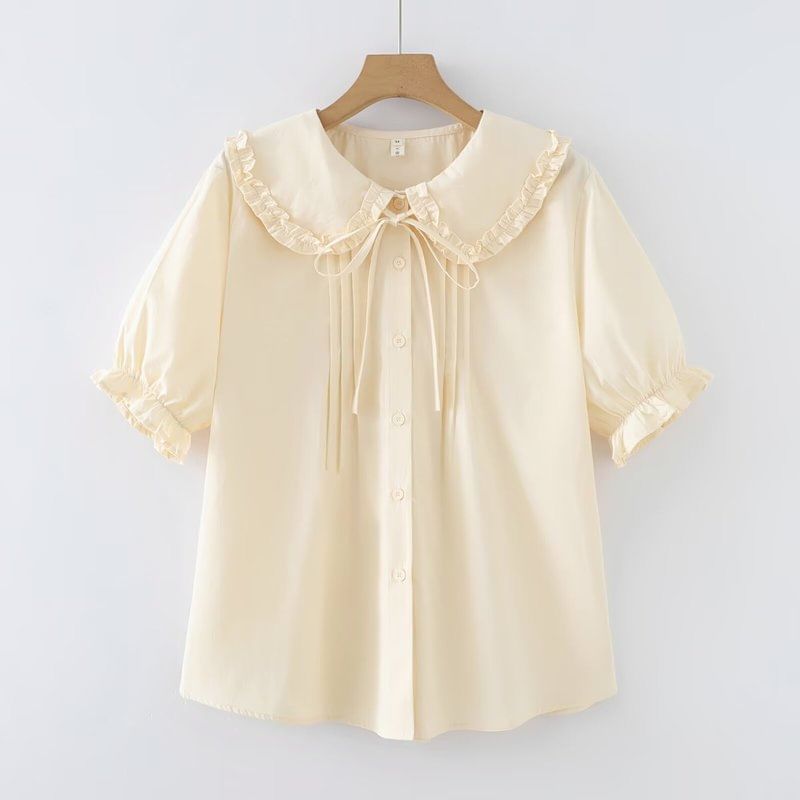 Puff Sleeve Ruffled Trim Button Blouse