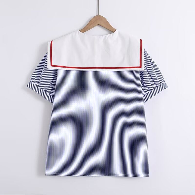 Striped Sailor Collar Puff Sleeve Blouse