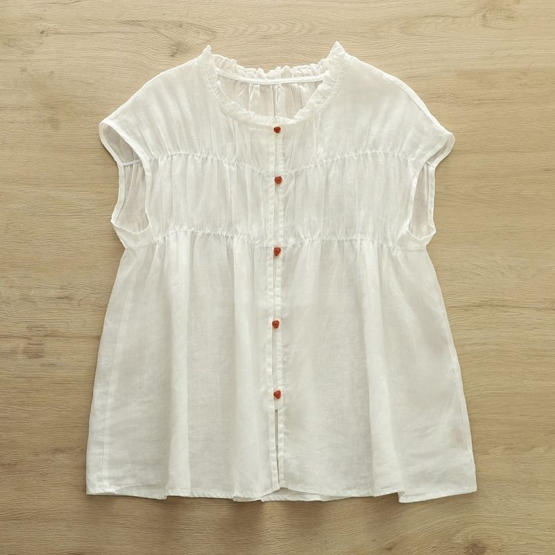Shirred Ruffled Sleeveless Button Blouse